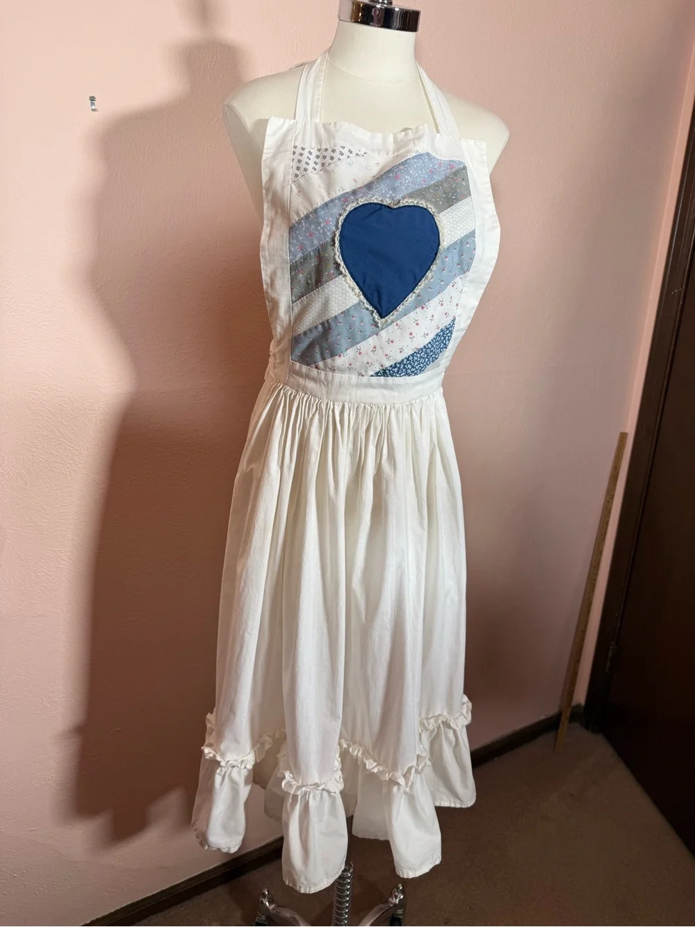 Handmade cottagecore Quilted Blue white ruffled Heart apron